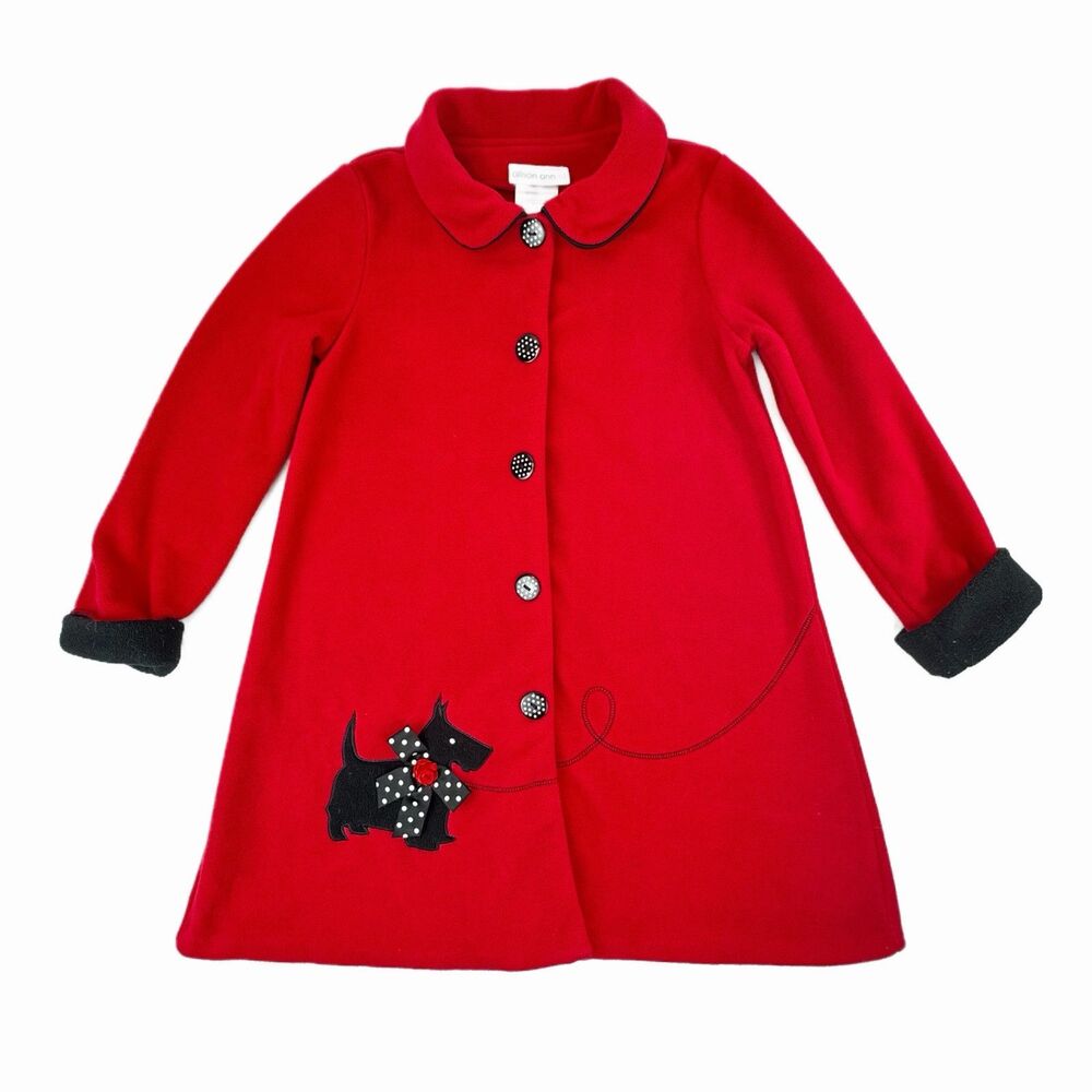 Allison Ann Red Coat 6X Girls Black Cuffs Scottie Dog Front Snap Vintage